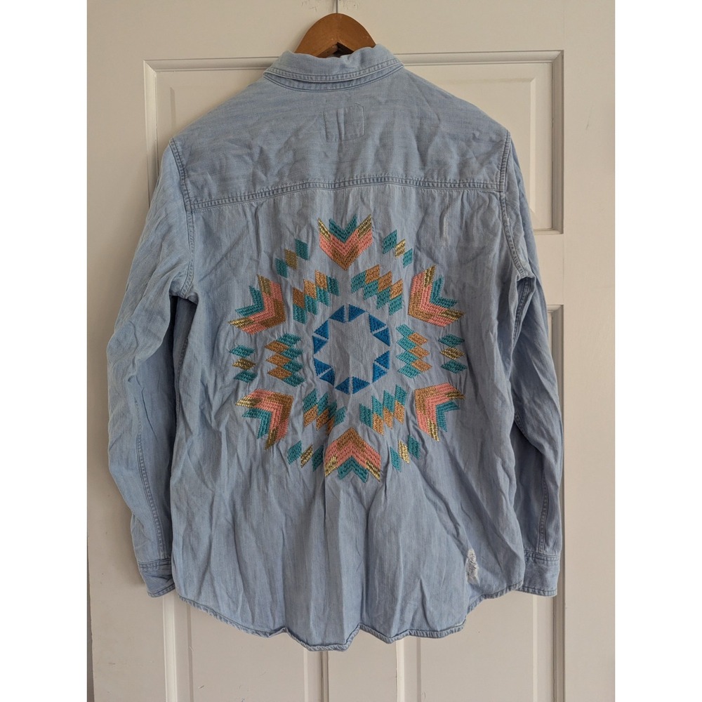 Rails Brett Starburst Embroidered Chambray Denim Button Shirt M Mid Vintage Wash